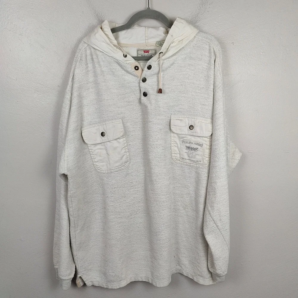 Levis‎ Mens Vintage Hooded Henley Pullover Oatmeal Cream XL Heavyweight Hoodie